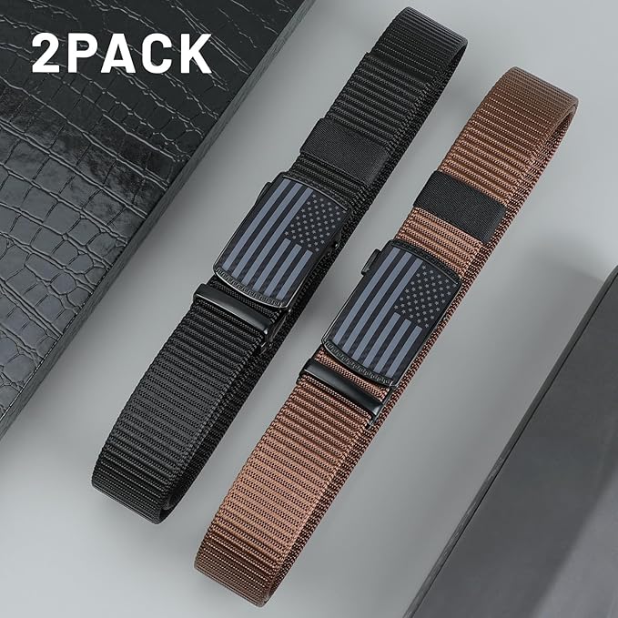 SANSTHS Nylon Ratchet Belts for Men 2 Pack, American Flag Slide Golf Belts 1 1/3", Tactical Work Web Belt 4th of July