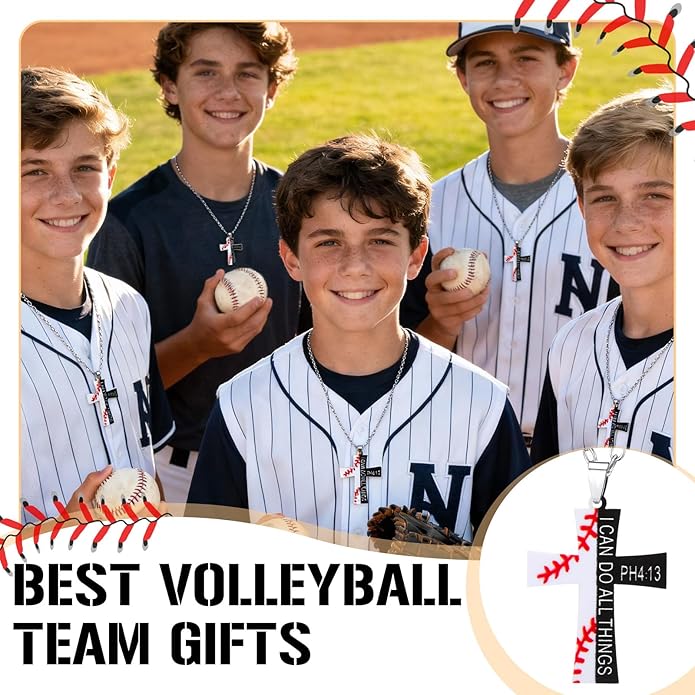 Tondiamo 24 Set Basketball Volleyball Cross Necklace with Card Sport Party Favors Charms Team Gift Bulk Religious Cross Necklace Christian Coach Gifts Jewelry for Sport Player Fans Men