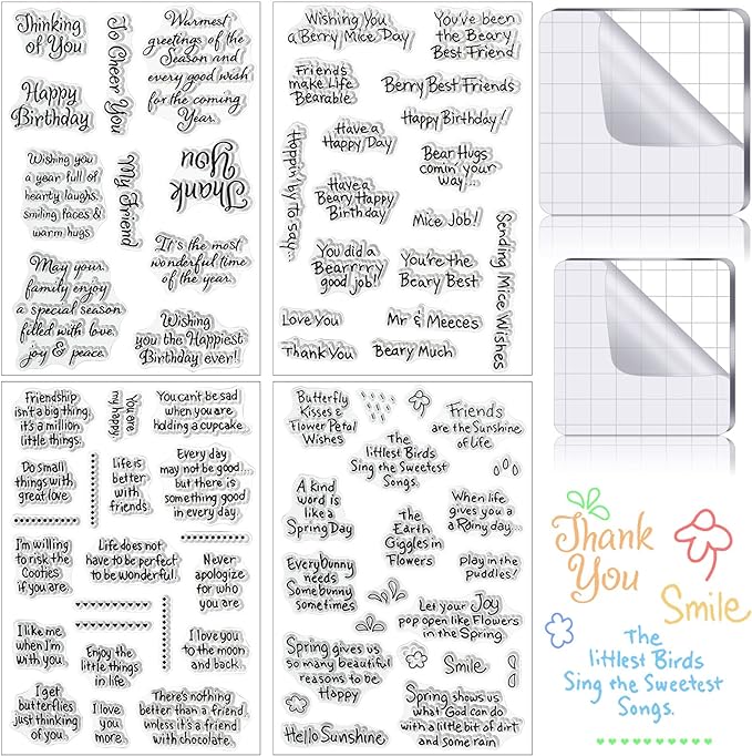 4 Sheets Sentiments Rubber Clear Stamps Set by Chinco