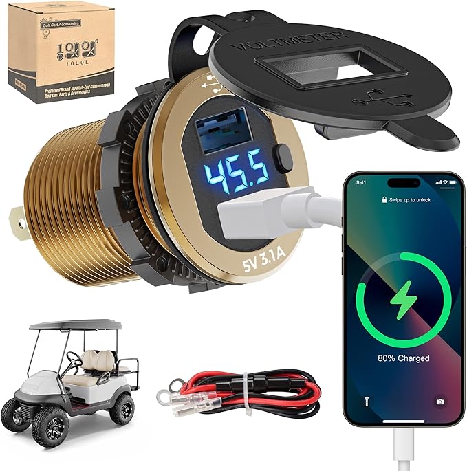 10L0L 9V-55V Input Golf Cart Quick Charge 3.0 Dual USB Charging Socket,2 in 1 USB Ports & Digital Voltmeter Universal for Club Car,EZGO and Yamaha,Metal Shell Safe Charge Outlet