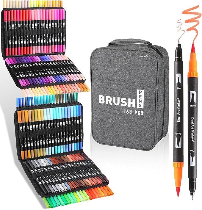 168 Colors Brush & Fine Dual Tip Watercolor Markers Set by nauets