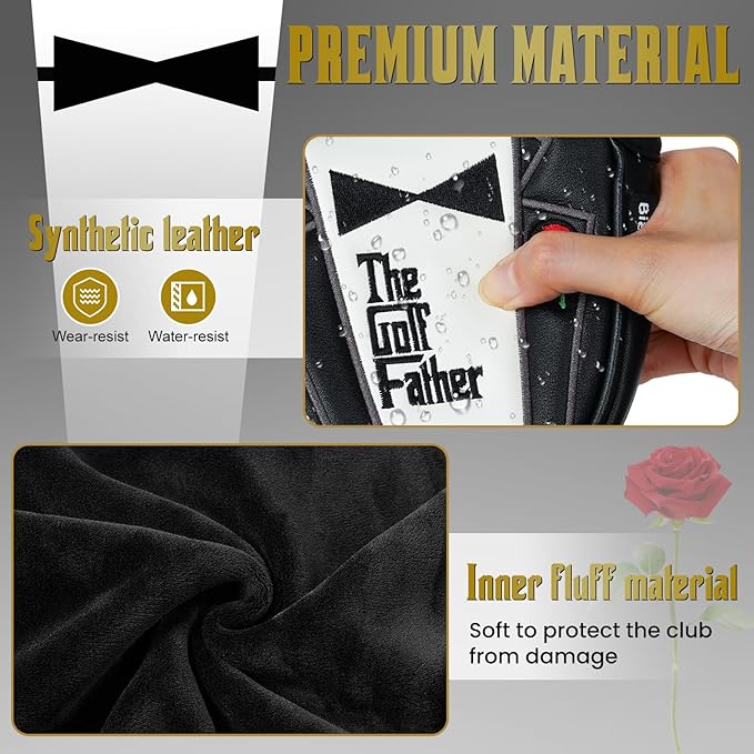 The Golf Father Funny Golf Club Covers, Driver Fairway Wood Hybrid Headcover, Mallet Putter Covers Blade Headcovers Putter Cover Magnetic, Black and White Color Iron Covers for Most Brands