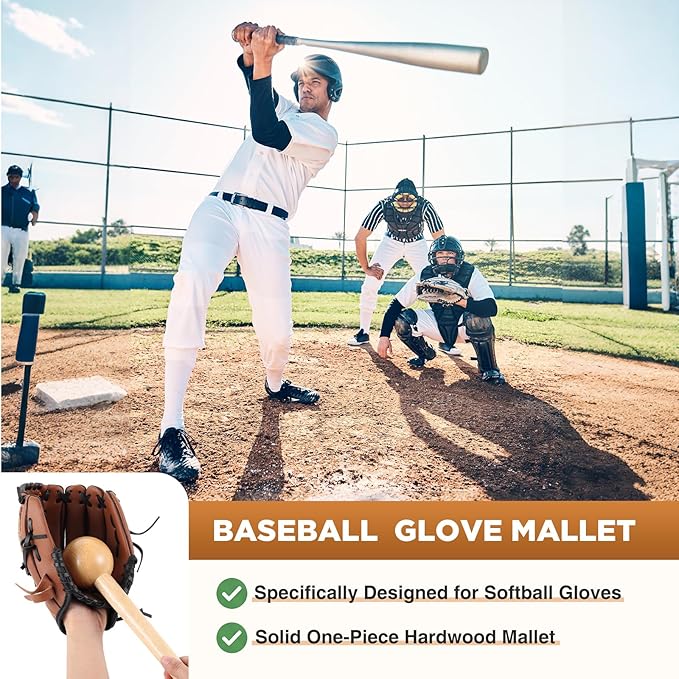 Hollowfly Baseball & Softball Glove Mallet-12 Inch Wooden Hammer with Leather Rope, Durable Glove Pocket Break-in Tool