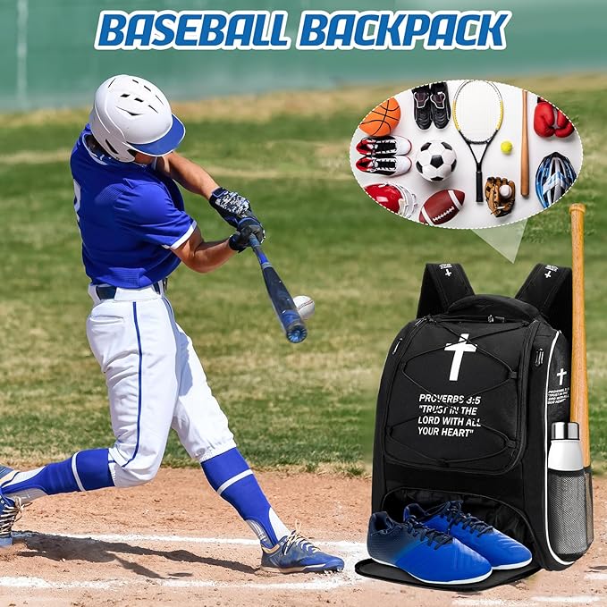 Christian Baseball Bag Cross Baseball Backpack for Youth Adult Religious T-Ball Softball Equipment Gear with Separate Shoes Compartment Fence Hook for Helmet & Accessories