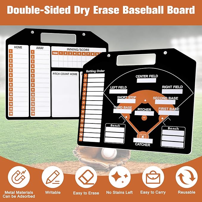 Magnetic Baseball Coach Clipboard, Anglecai Double-Sided Dry Erase Baseball Lineup Board for Softball Dugout Board Baseball Coaching Board with 30 Lineup Card/ 10 Magnet/2 Marker/2 Hook (Black)