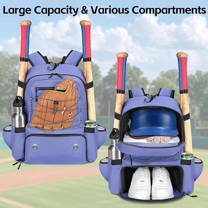 MATEIN Baseball Bat Bag for 4 Bats with Ball Pocket, Lightweight Youth Baseball Backpack with Shoe Compartment, Large Capacity Softball Equipment Bag with Fence Hook for TBall Gear, Helmet, Glove