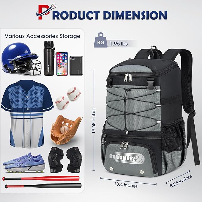 RAINSMORE Baseball Bag for Youth & Adult Lightweight Softball Bat Bag with Shoe Compartment, External Helmet Holder and Fence Hook Waterproof Baseball Backpack Hold T-Ball, Bat and Softball Equipment