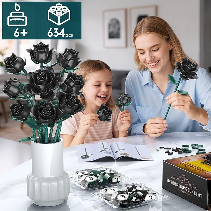 Black Roses Bouquet Building Set, DIY Floral Home Office Decor - Image 4