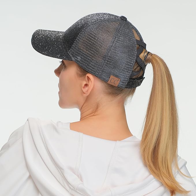 C.C Ponycap Messy High Bun Ponytail Adjustable Glitter Mesh Trucker Baseball Cap