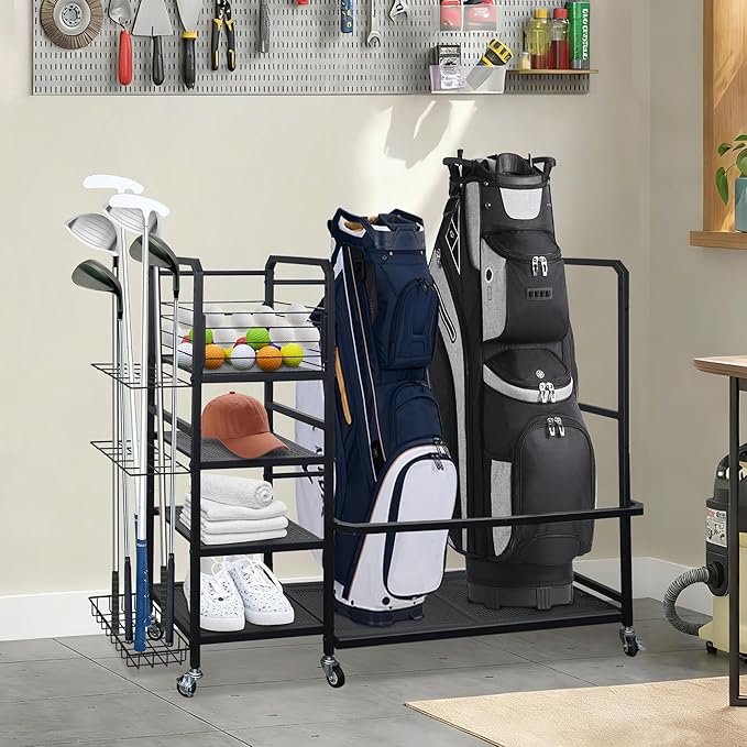 Golf Bag Storage Rack with Wheels, Golf Bag Organizer Fits 2 Bags and Store golf clubs, balls, shoes, and golf equipment accessories, Sturdy Golf Storage Rack for Home Garage Club Basement, Black