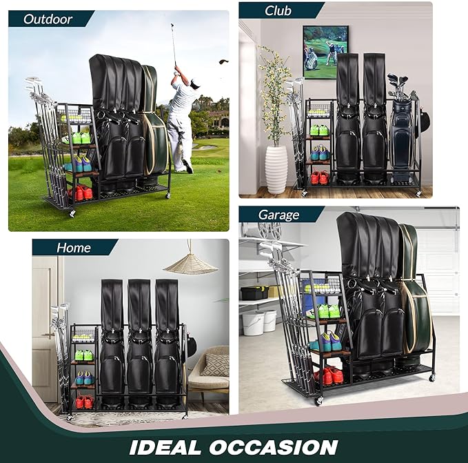 Sttoraboks Golf Bags Storage Garage Organizer, Golf Bag Rack Fits 2/3 Golf Bags and Golf Equipment Accessories, Golf Club Storage Stand with Wooden Shelf and Lockable Wheels for Garage Indoor Basement