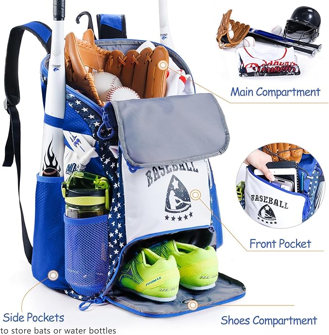Baseball Bag for Youth & Adult with 4 Bat Sleeves - Softball Bat Bag with Shoe Compartment - Baseball Backpack for T-Ball, Softball Equipment, Baseball Gear, Baseball Bags for Boys 8-12