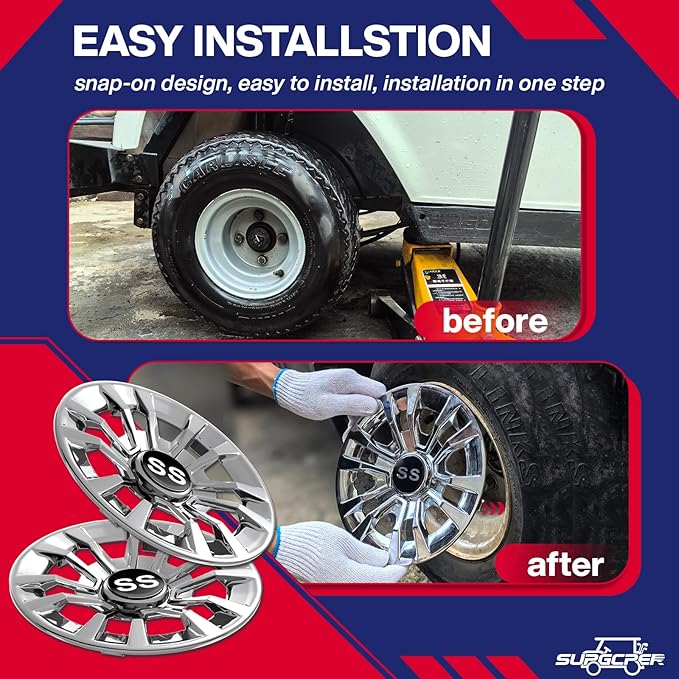 Golf Cart SS Wheel Covers, Golf Cart Hub Caps for Club Car EZGO Yamaha and Most Golf Carts, 6-Spoke Design, 8 Inch Golf Cart Wheel Hubcaps (Set of 4), Snap-on Installation, Not Fit EZGO RXV