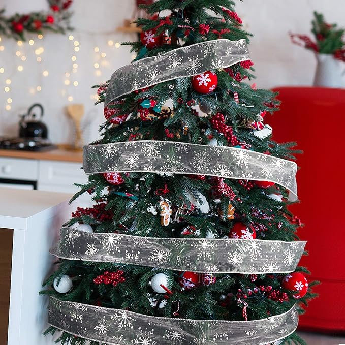 2.5 Inch Wide Christmas Wired Ribbon Snowflake Organza Sheer Glitter Ribbon - Image 7