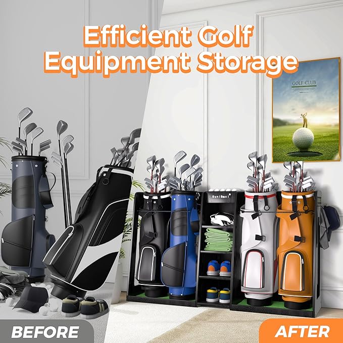 SuniBoxi Wooden Golf Storage Organizer for Garage, Premium Golf Bag Holder Rack for Golfing Accessories, Great Gift for Golfers,Husband, Dad