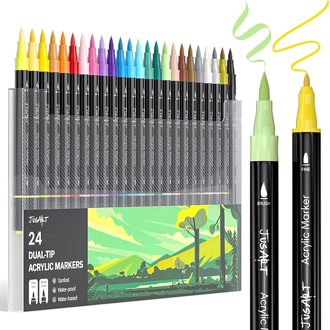 JusArt 24 Colors Dual Tip Acrylic Paint Pens Markers, Brush and Fine Tip by JusArt