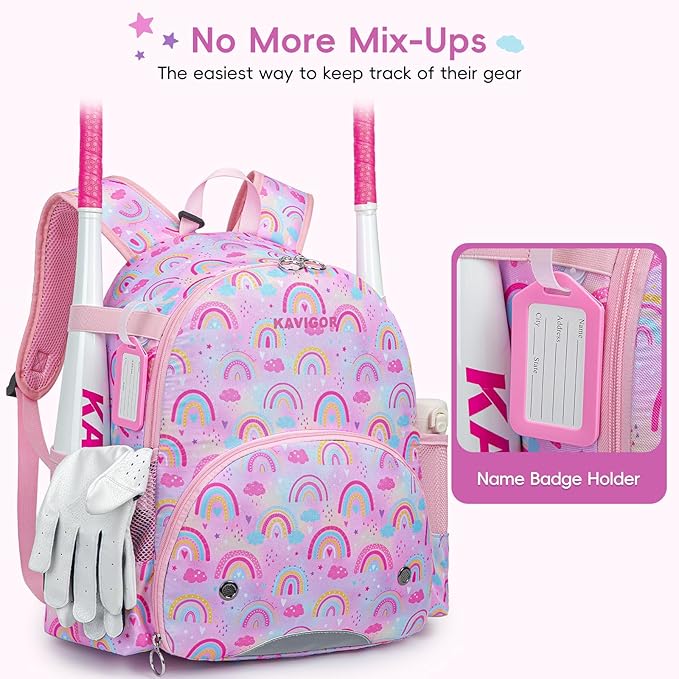 KAVIGOR Youth Tball Baseball Backpack, Lightweight Softball Bag with Shoes Compartment & Name Tag, Reinforced Zippers & Seams