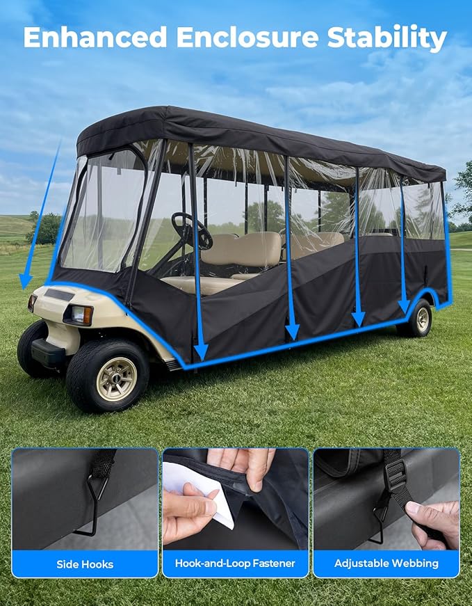 KEMIMOTO Golf Cart Enclosure 8 Seat, 600D Waterproof Golf Cart 8 Passenger Enclosure with Clear Windshield Compatible with Club Car Villager, Evolution D5-Ranger, Concierge