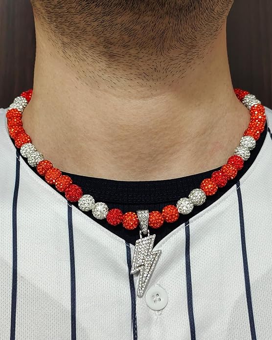 Baseball Necklace for Men 16/18/20 Inch Bling Ice Collection Lightning Bolt Pendant Necklace for Women Rhinestone Clay Beaded Discoball Accessories Gifts for Baseball Team Players Lovers
