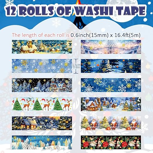 12 Rolls Christmas Washi Tapes, Christmas Tree Snowflakes Santa Claus Masking - Image 2