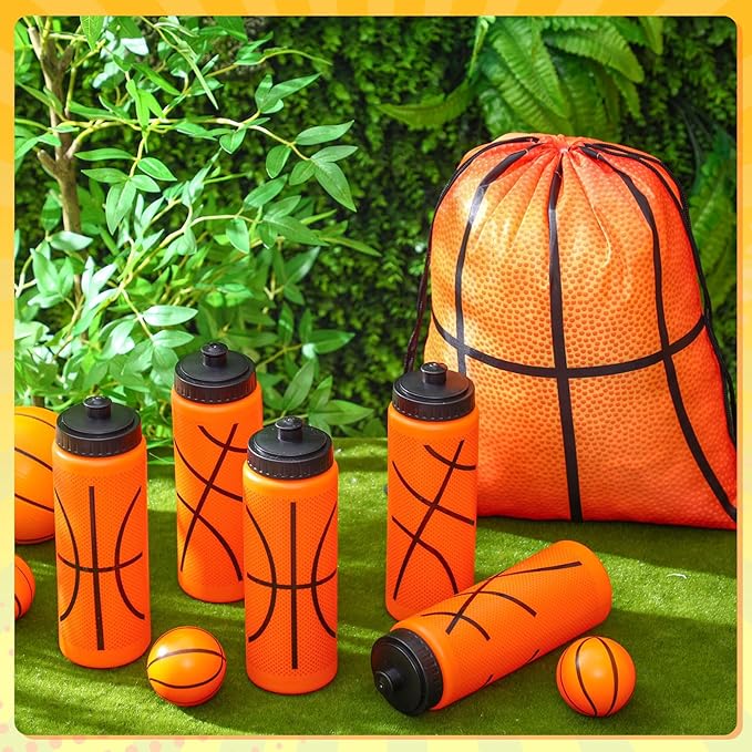 12 Pcs Basketball Water Bottles Basketball Drawstring Bag Set with 50 Sticker Basketball Party Favors 6 Reusable Sports Squeeze Water Bottle 20oz 6 Basketball Goodie Gift Bag for Basketball Team Gifts