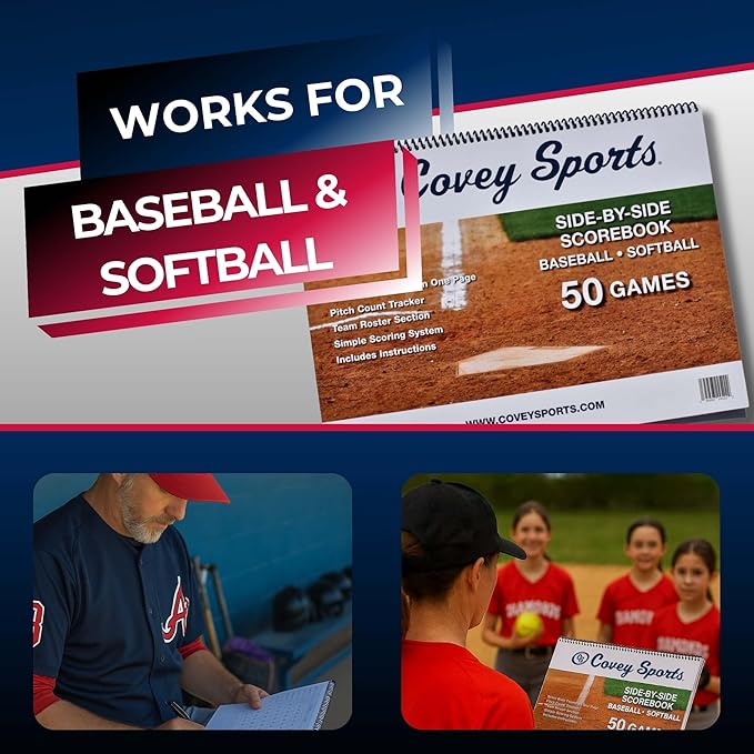 Covey Sports Premium Baseball Scorebook with 50-Game Capacity - Side-by-Side Format for Tracking Both Teams on One Page - Softball Score Keeping Book with Pitch Count Tracker