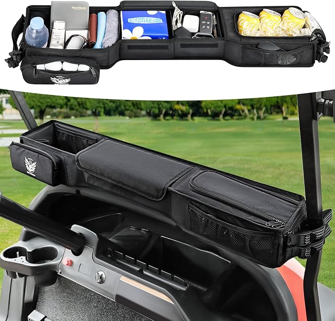 Foldable Golf Cart Inner Front Storage Basket, 1680D Oxford-Fabric Universal No-Drilling Golf Cart Dash Organizer Compatible with EZGO Club Car Drive Kandi Yamaha