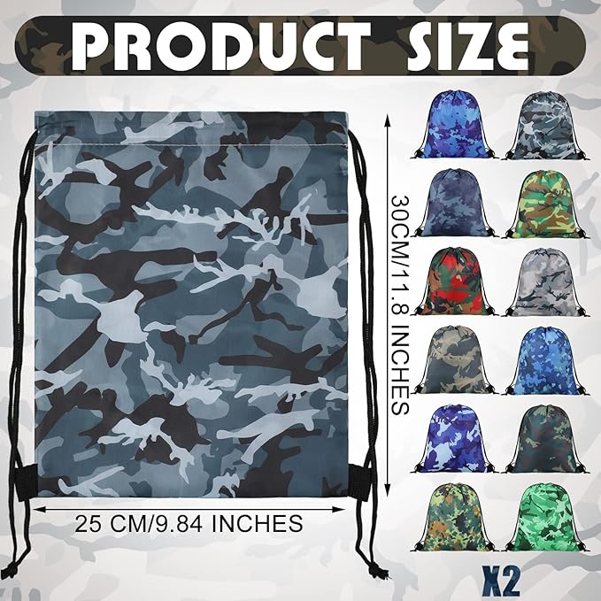 Woanger 24 Pcs Camo Drawstring Bags Bulk 11.81 x 9.84 Inch Camouflage Paintball Goodie Gift Bags Waterproof Lightweight String Cinch Backpack Army Military Hunting Gym Travel Sport Camp Party Supplies
