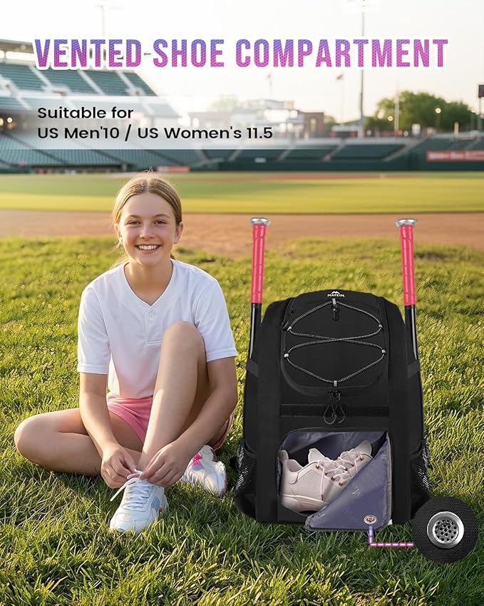 MATEIN Softball Bag, Lightweight Baseball Backpack with Shoe Compartment, Baseball Bag with Fence Hook for TBall Bat & Equipment, Softball Gifts Catchers Backpack for Women Fit Catcher’s Mitt, Helmet