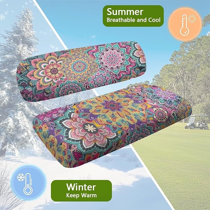 Bulopur Boho Mandala Golf Cart Towel Seat Cover Non-Slip Breathable Golf Car Cushion Cover and Backrest Cover 2 Pack Golfcart Accessory for Women Girly Golfer Gifts