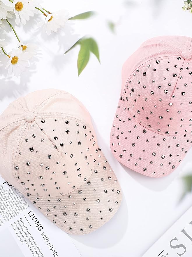 Loopeer 2 Pcs Adjustable Breathable Rhinestone Baseball Cap for Women Men Sequins Casual Sports Cap Rhinestone Hat