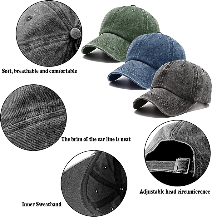 3 Pack Washed Plain Vintage Baseball Cap Cotton Adjustable Twill Bulk Low Profile Classic Dad Hat for Men/Women