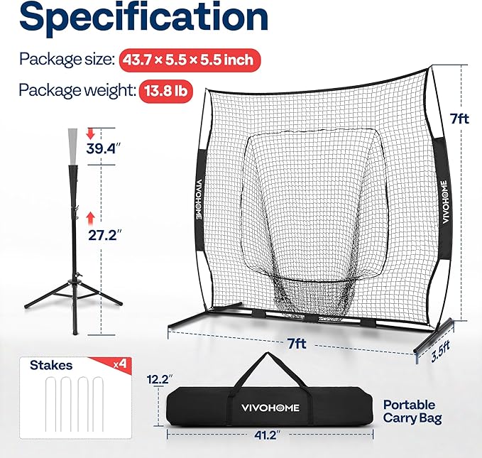 VIVOHOME Baseball Softball Batting Net - 7x7 Ft Baseball Backstop, Softball Practice Net for Hitting, Pitching, Throwing with Batting Tee and Carry Bag