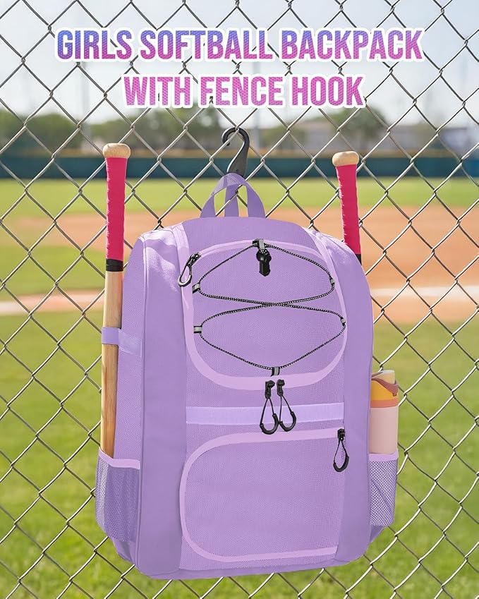MATEIN Softball Bag, Lightweight Baseball Backpack with Shoe Compartment, Baseball Bag with Fence Hook for TBall Bat & Equipment, Softball Gifts Catchers Backpack for Women Fit Catcher’s Mitt, Helmet