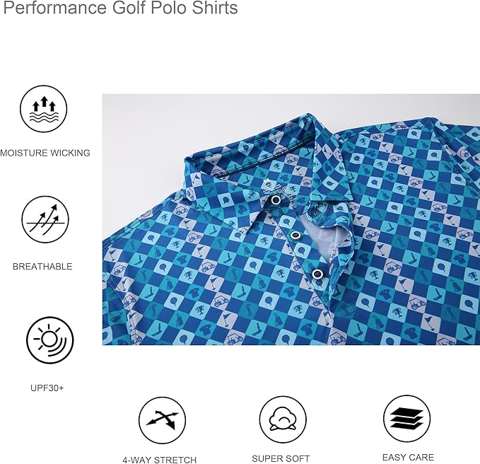 Alex Vando Mens Golf Shirt Moisture Wicking Quick-Dry Print Performance Polo Shirts for Men