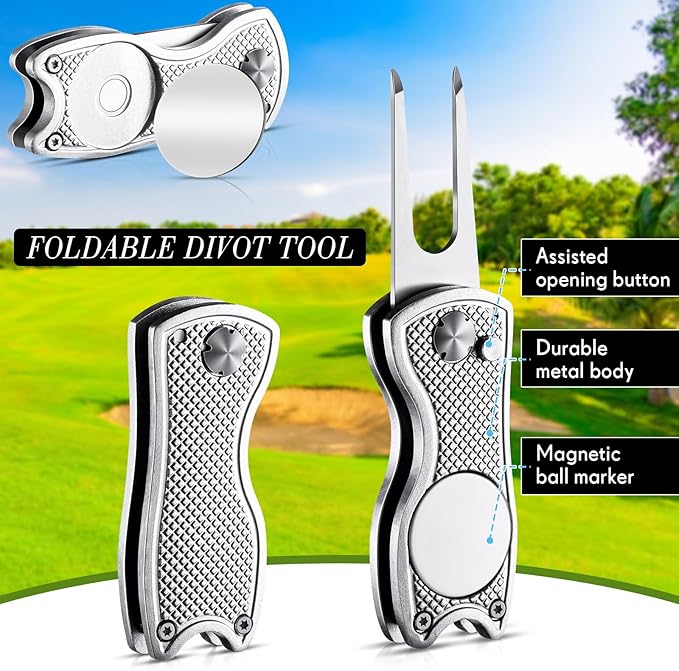 Poen Pcs Golf Divot Tool Golf Repair Tool with Magnetic Ball Marker and Popping Button Metal Foldable Switchblade Repair Fixer for Golfers Prizes