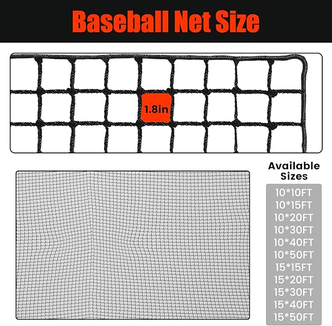 Baseball Softball Backstop Nets,Sports Net with 33ft Rope or Steel Hanging Kit, Nylon Nets Also for Basketball Soccer Lacrosse Hockey.