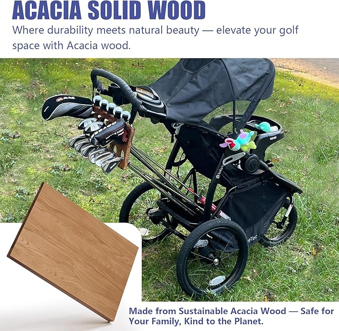 Golf Stroller Attachment – Universal Golf Club Holder for Strollers, Acacia Wood, 12 Slots, 5 Ball Holders & Removable Tee Case – Portable, Easy Setup, Gift for Golf-Loving Parents