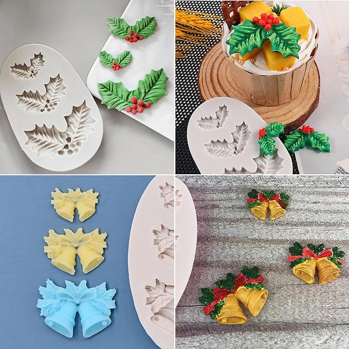 4PCS Christmas Fondant Molds, Christmas Holly Leaves Bells Pinecone Silicone - Image 7