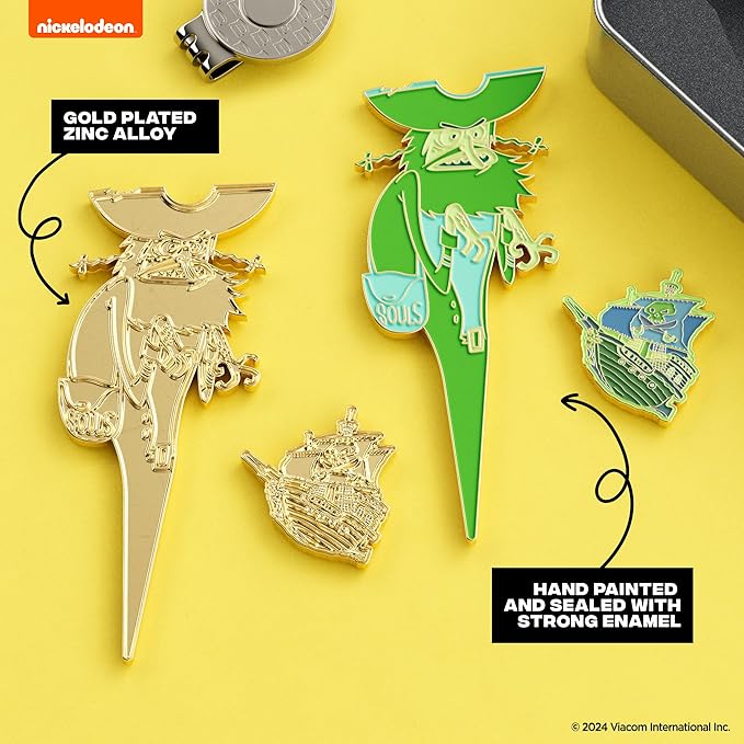 Gold Plated Spongebob Flying Dutchman Divot Tool and Ball Marker Gift Set with Magnetic Hat Clip and Collectible Protective Tin, Officially Licensed Golf Accessories for Collectors