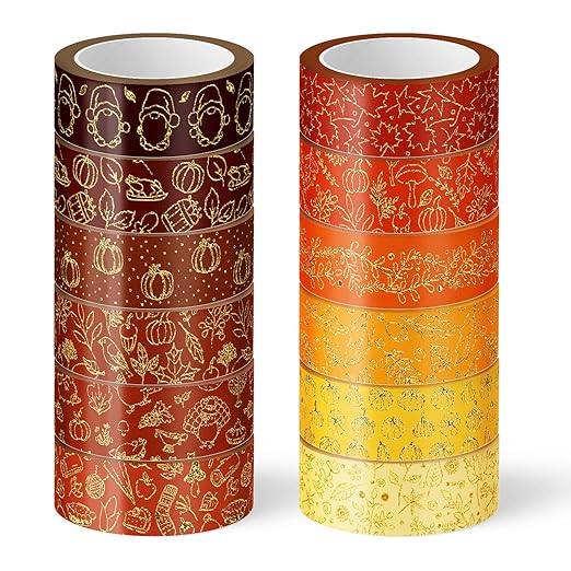 Whaline 12 Rolls Fall Washi Tapes Foil Gold Decorative Tape Autumn Gnome by Whaline