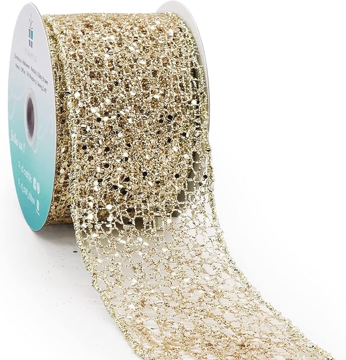CT CRAFT LLC Sparkling Glitter Mesh Wired Ribbon 2.5" x 10 Yards Champagne Gold by CTCRAFTLLC