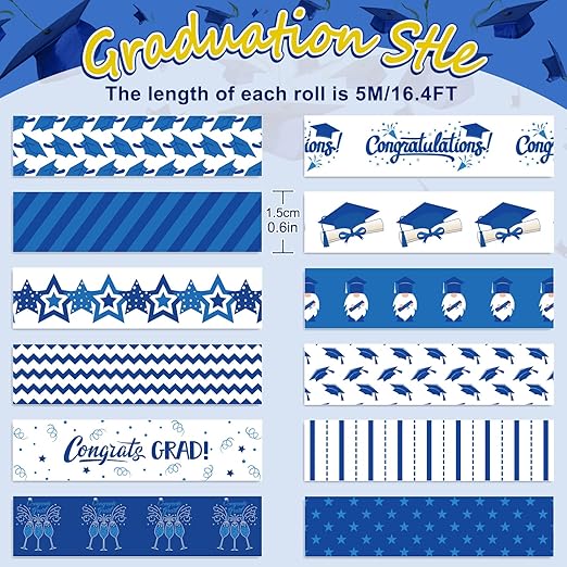 Whaline 12 Rolls Graduation Washi Tape Blue White Congrats Grad Washi Masking - Image 2