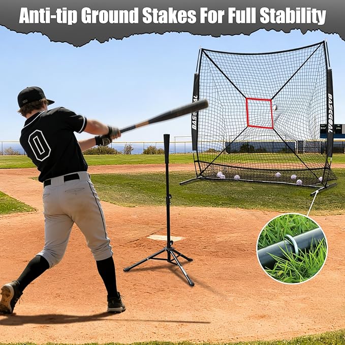 BaseGoal 6'×6' Baseball Softball Practice Net,Baseball Backstop,with Batting Tee,Ball Caddy,for Hitting Pitching Batting Catching with Bow Frame,Bonus Strike Zone,Target,Portable and Foldable