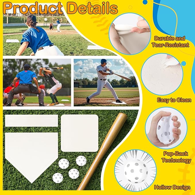 Mototo Rollable Baseball Base for Yard Practice Kit, 5 Baseball Home Plate Rubber Base with 6 Practice Soft Balls & Black Storage Bag, Throw Down Home Plate for Backyard, School Kickball, Tball