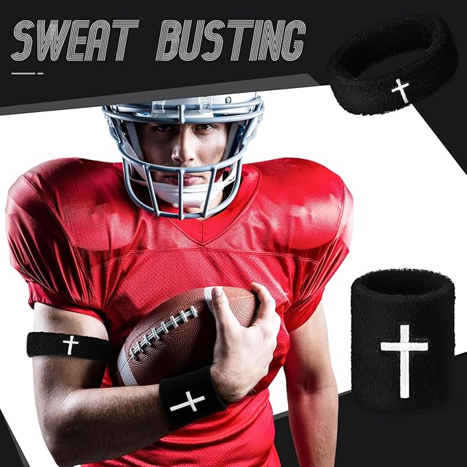 Soulchen 4 pcs Cross Bicep Bands Wrist Bands Christian Arm Sweat Wristbands Absorbent Armband for Men Women Football Baseball Players Sports Activities Supplies