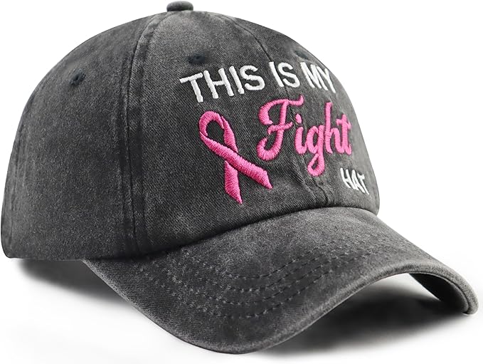 This is My Fight Hat, Adjustable Cotton Embroidered Pink Ribbon Breast Cancer Baseball Cap