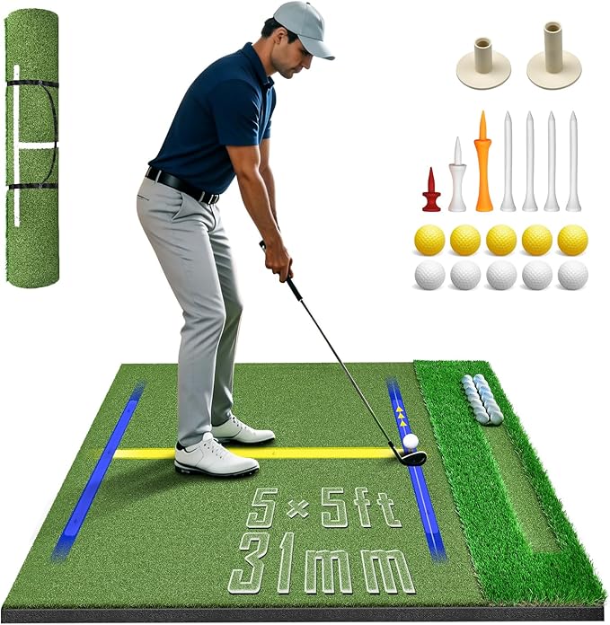 (Enlarged×Thickened) Golf Mat 1.22in/1.42in, 5x4ft/5x5ft Dual-Turf Golf Hitting Mat with Ball Tray for Indoor Outdoor, Heavy Duty Commercial Golf Mat, High-Elasticity Golf Practice Mat for Simulator