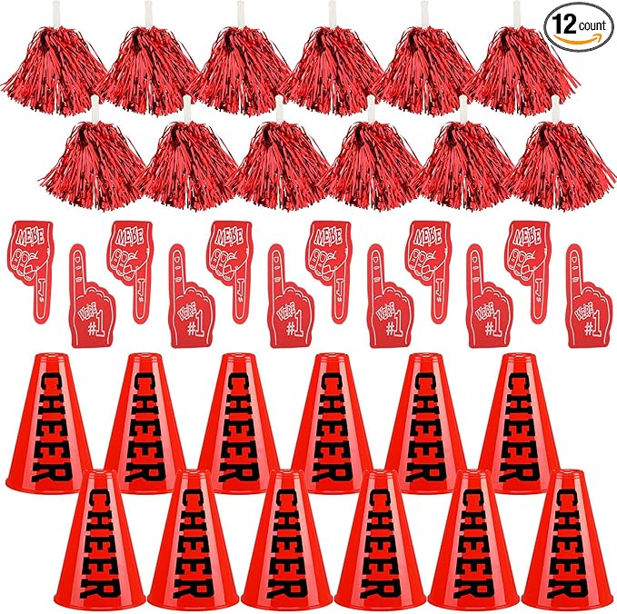 12 Set Team Spirit Accessories for Cheerleading Cheer Megaphone Pom Poms and We're #1 Fan Foam Finger Cheerleader Gifts for Sports Events Football Baseball Cheering Supplies