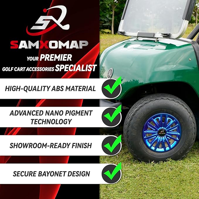 Golf Cart Hub Caps 8 Inch for EZGO/Club Car/Yamaha (Excludes EZGO RXV) Golf Cart Wheels and Tires, Snap-On Installation Wheel Covers Accessories, Premium ABS Plastic, Set of 4, Blue